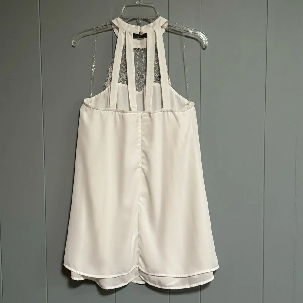 IMPRESSIONS White Layered Mini Dress with Lace and Straps Halter Neckline Size M